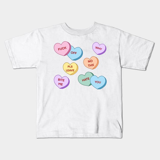 Rude Candy Hearts Pattern Kids T-Shirt by scrambledpegs